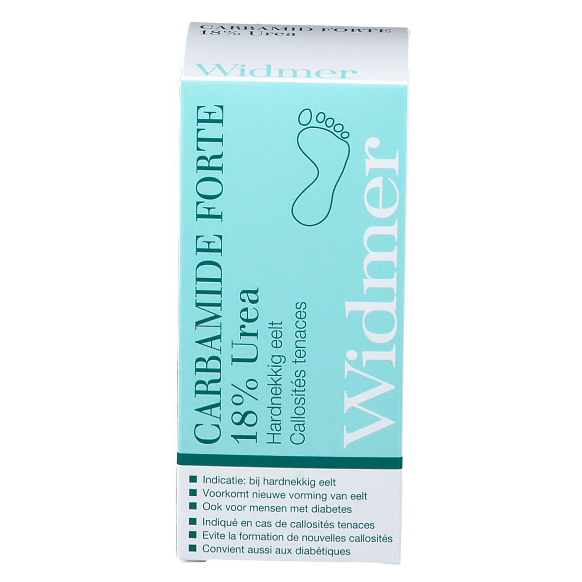 Boîte pliante bleu clair avec couvercle blanc. Inscription: CARBAMID FORTE 18% Urea, Widmer. Symbole d'empreinte de pied. Texte multilingue.