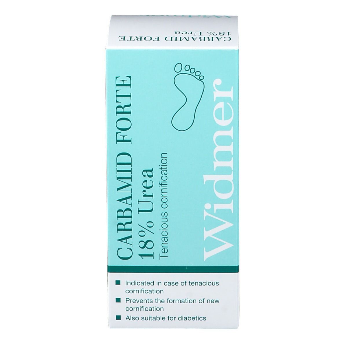 Face avant de la boîte pliante. Inscription: CARBAMID FORTE 18% Urea, Widmer. Symbole d'empreinte de pied. Texte multilingue.