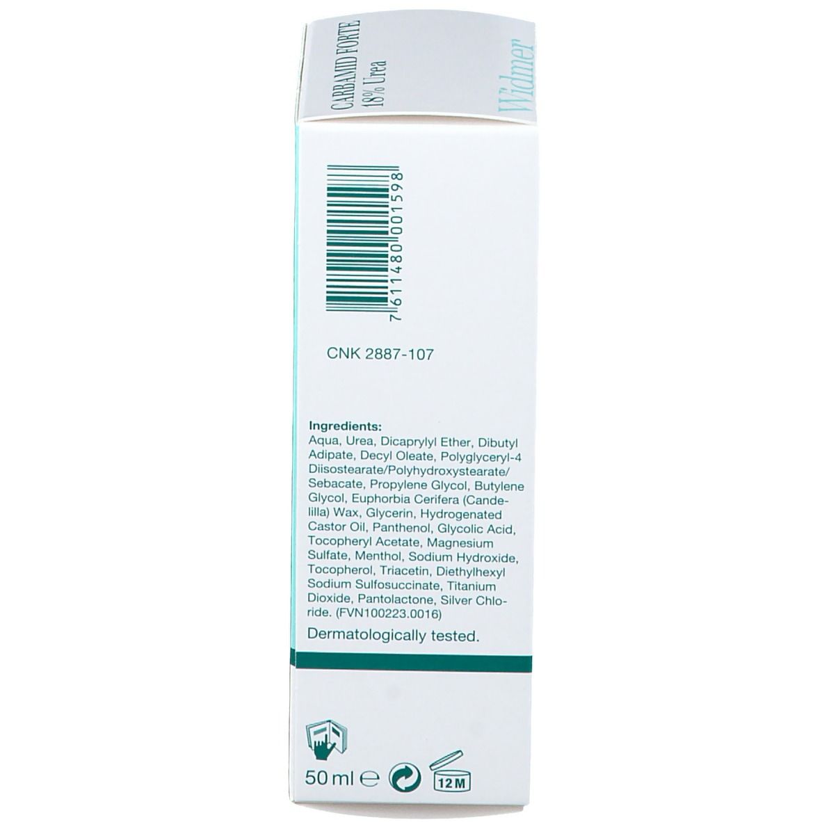Dos de la boîte pliante. Inscription: CARBAMID FORTE 18% Urea. Ingrédients. Testé dermatologiquement. 50 ml.