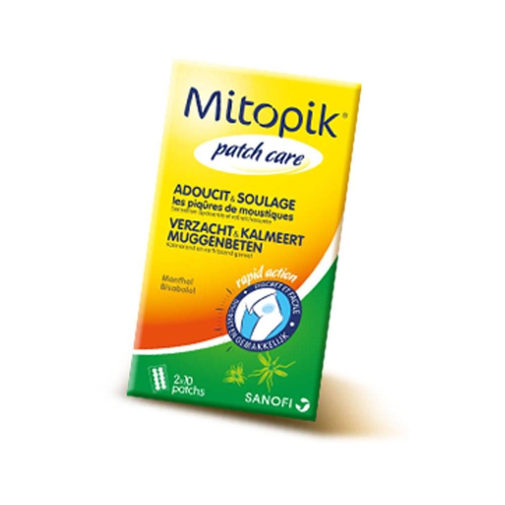 Emballage de Mitopik patch care. Emballage jaune et vert avec le nom du produit et du texte multilingue. Contient 2-10 patchs.