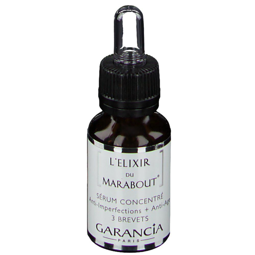Bruine glazen fles met zwarte dop en pipet. Opschrift: L'Elixir du Marabout, Sérum Concentré, Anti-Imperfections + Anti-Âge. Merk: Garancia.