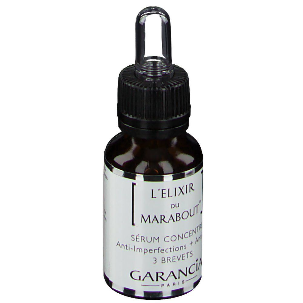 Bruine glazen fles met zwarte dop en pipet. Opschrift: L'Elixir du Marabout, Sérum Concentré, Anti-Imperfections + Anti-Âge. Merk: Garancia.