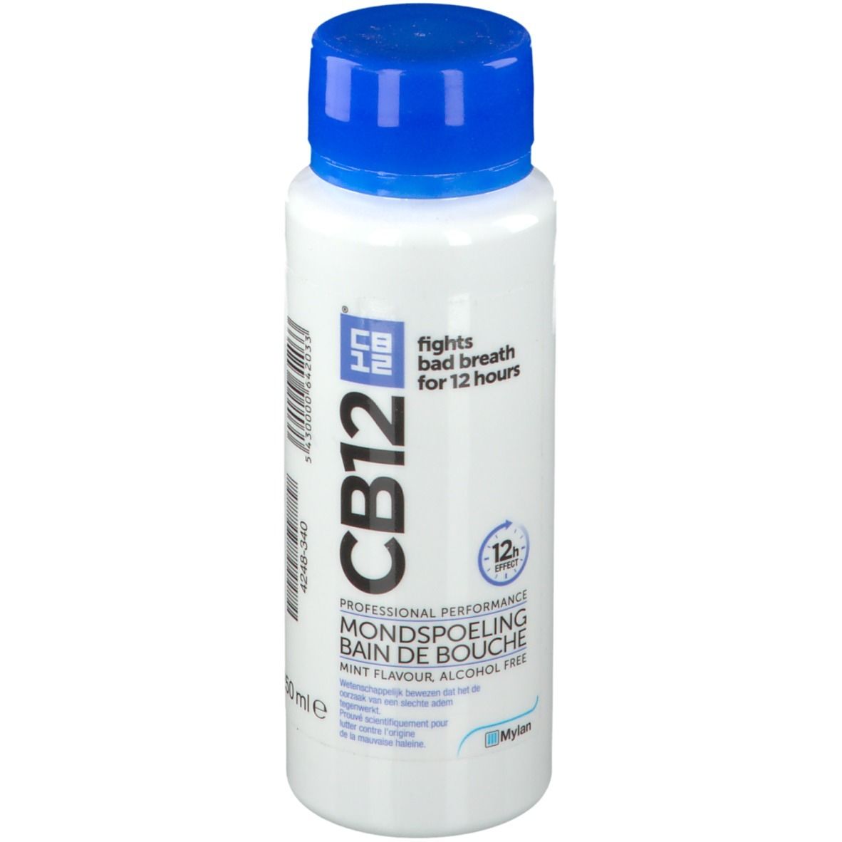Witte fles met blauwe dop. Opschrift CB12, tekst: bestrijdt slechte adem 12 uur lang. Muntsmaak, alcoholvrij.
