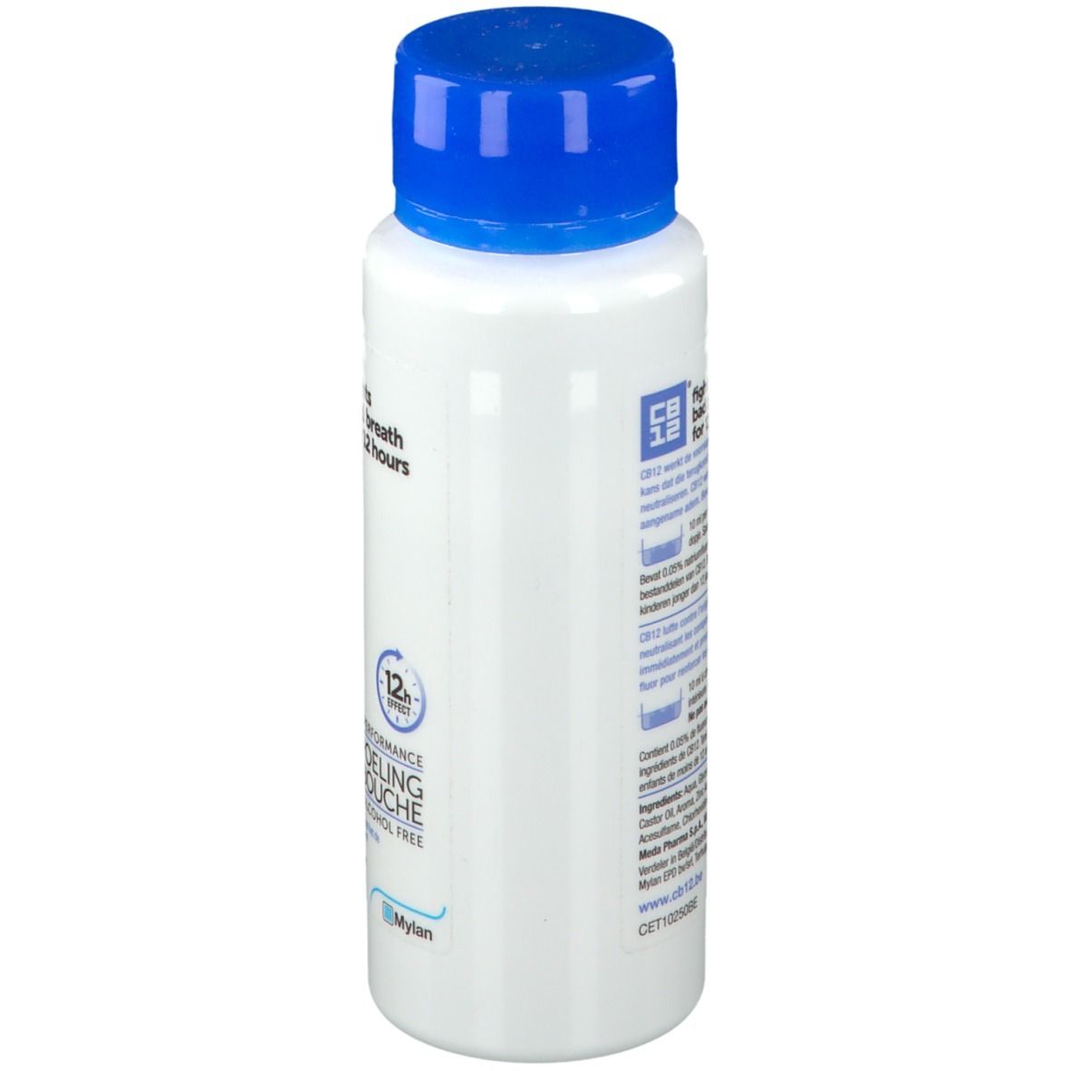 Witte fles met blauwe dop. Opschrift CB12. Achterkant met tekst en informatie. Muntsmaak, alcoholvrij.