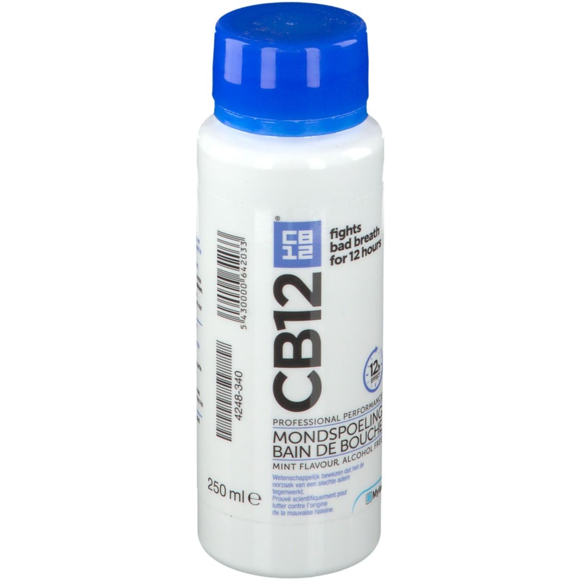 Witte fles met blauwe dop. Opschrift CB12, tekst: bestrijdt slechte adem 12 uur lang. Muntsmaak, alcoholvrij. 250 ml.