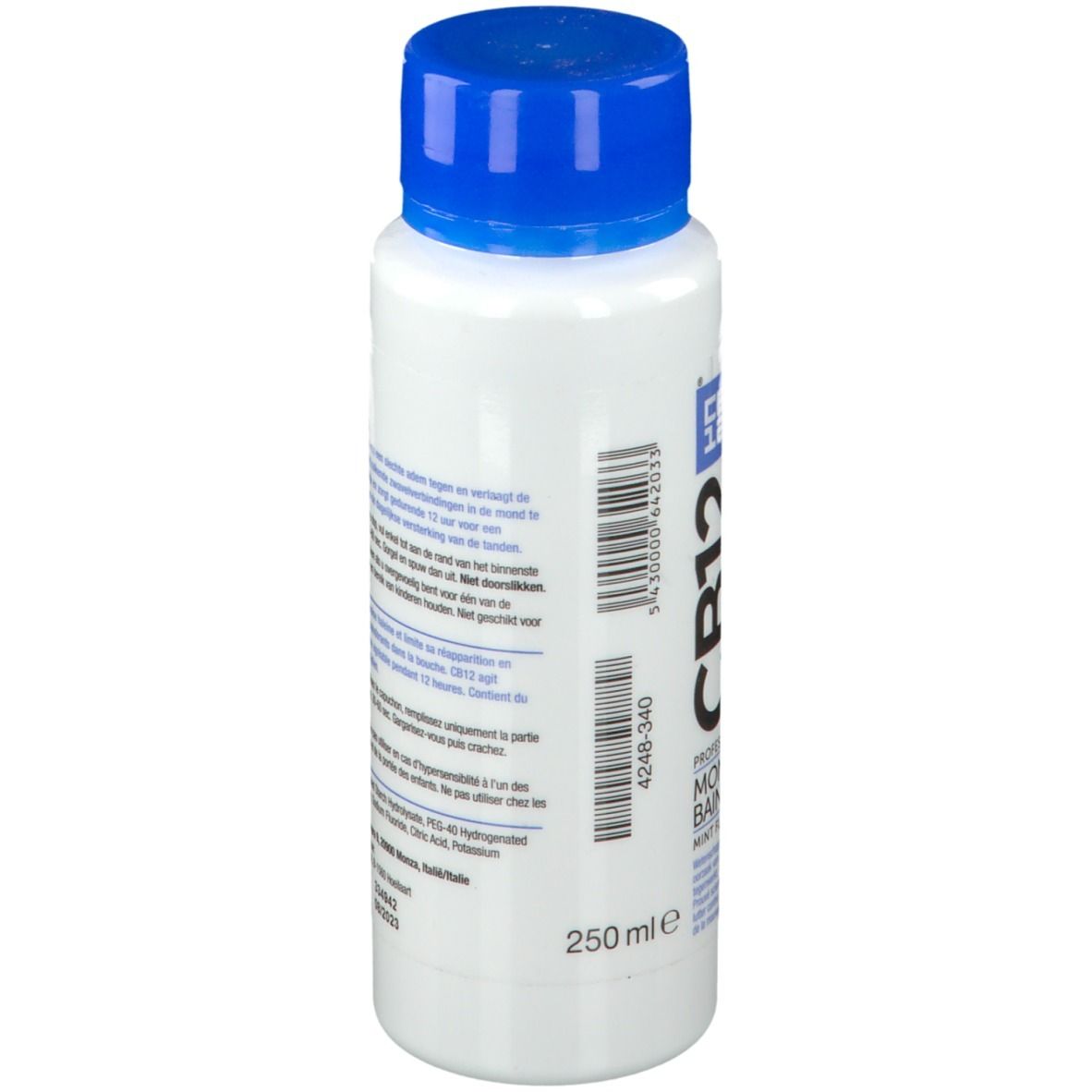 Witte fles met blauwe dop. Achterkant met tekst en informatie. Opschrift CB12. Muntsmaak, alcoholvrij. 250 ml.