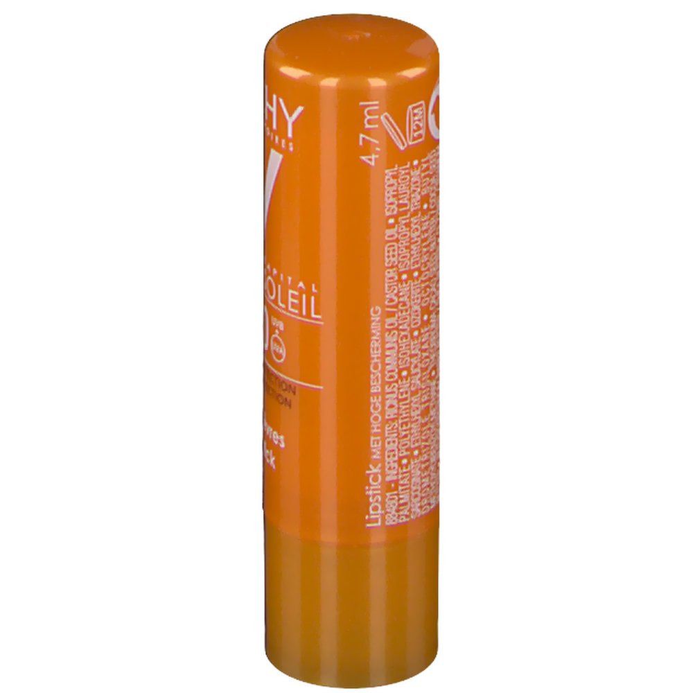 Oranje lippenstiftstick. Opschrift: VICHY, Idéal Soleil, SPF 30. Inhoud: 4,7 ml.