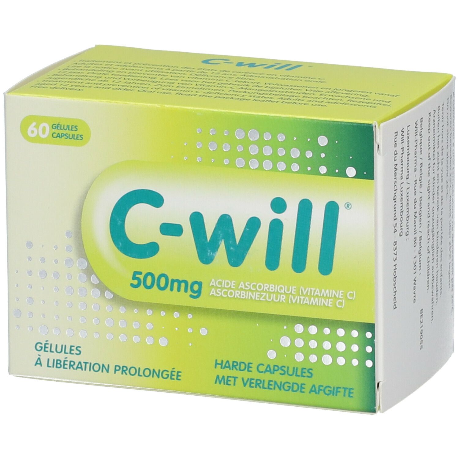 Boîte de C-Will 500mg. 60 gélules. Emballage jaune et vert avec nom et informations.