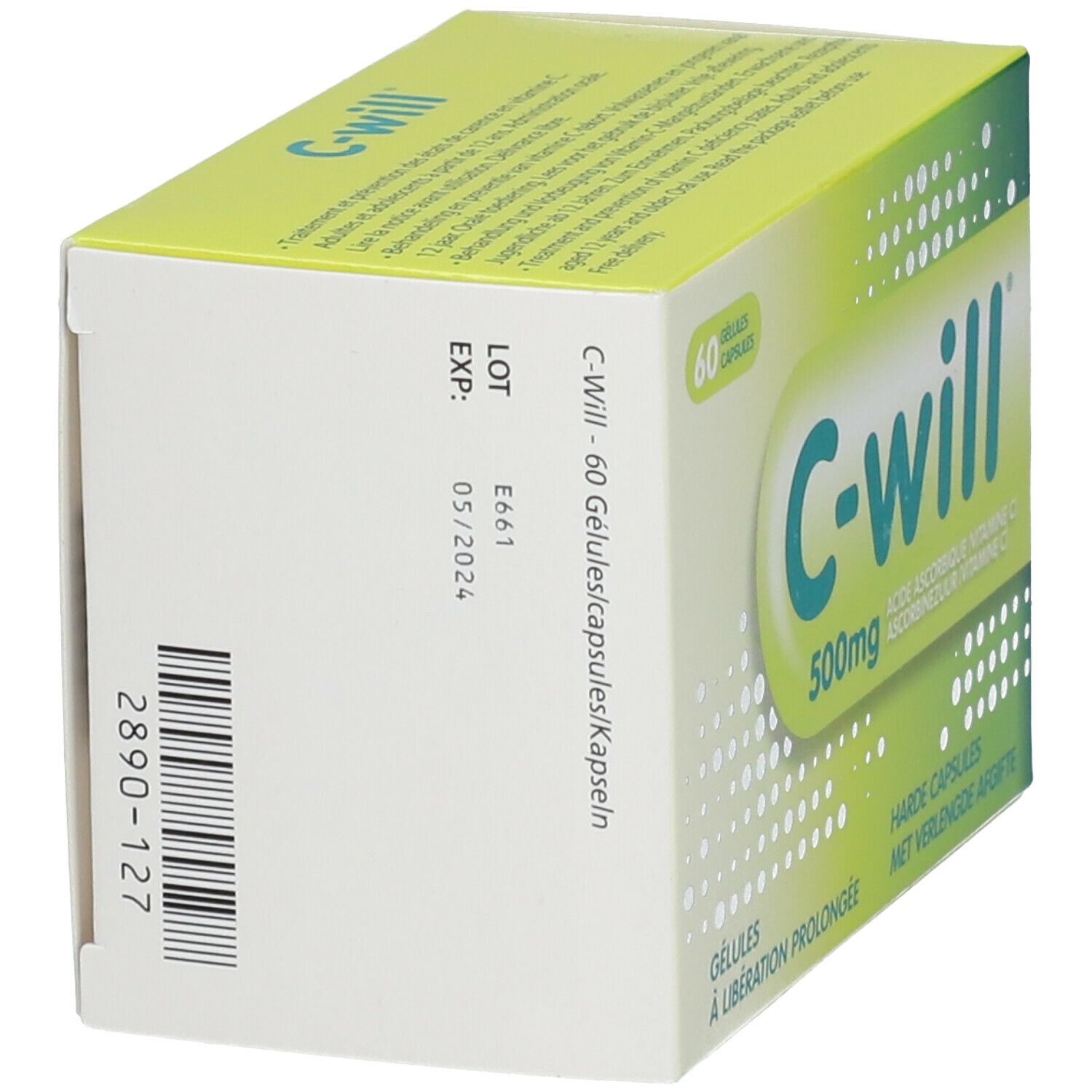 Vue latérale de la boîte C-Will 500mg. Code-barres, lot et date d'expiration sur fond blanc.