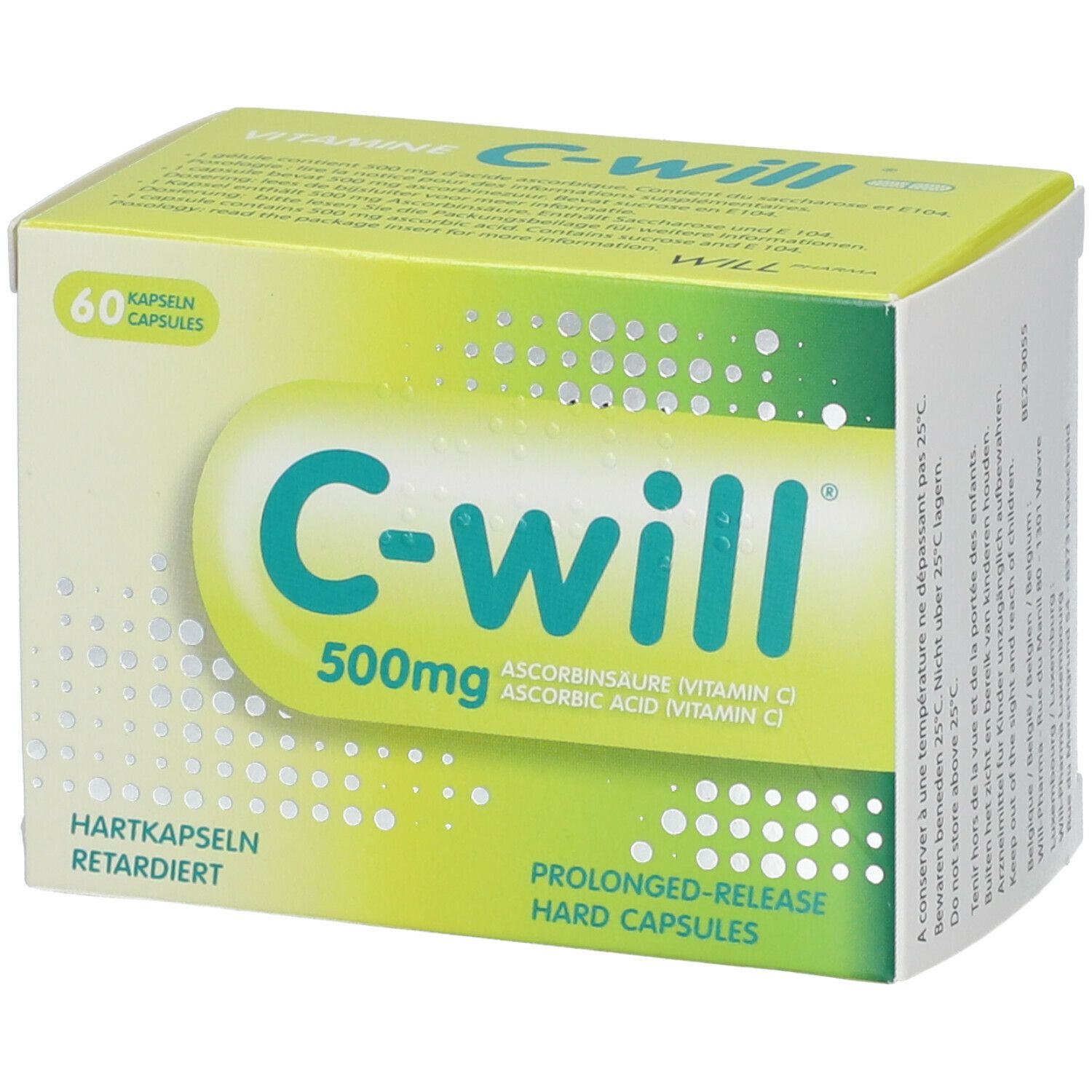 Boîte de C-Will 500mg. 60 gélules. Emballage jaune et vert avec nom et informations.
