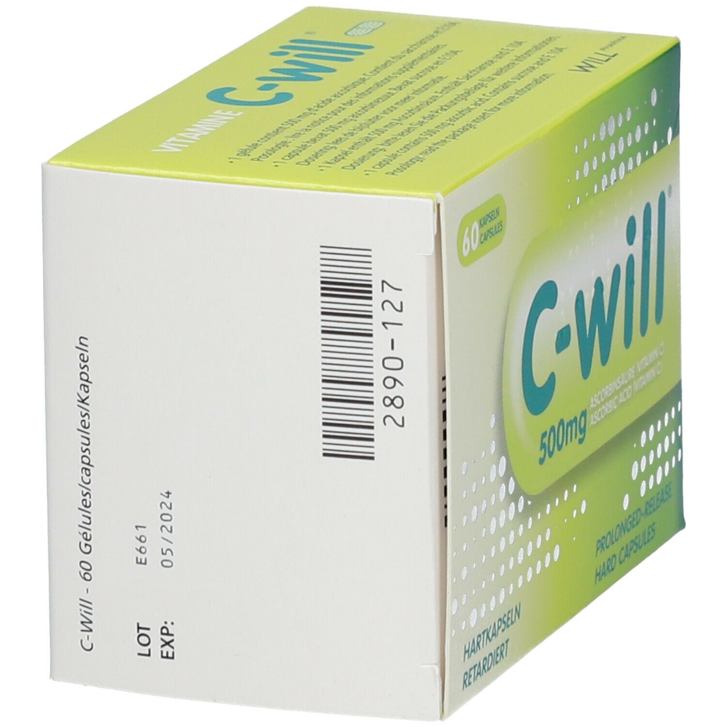 Vue latérale de la boîte C-Will 500mg. Code-barres, lot et date d'expiration sur fond blanc.