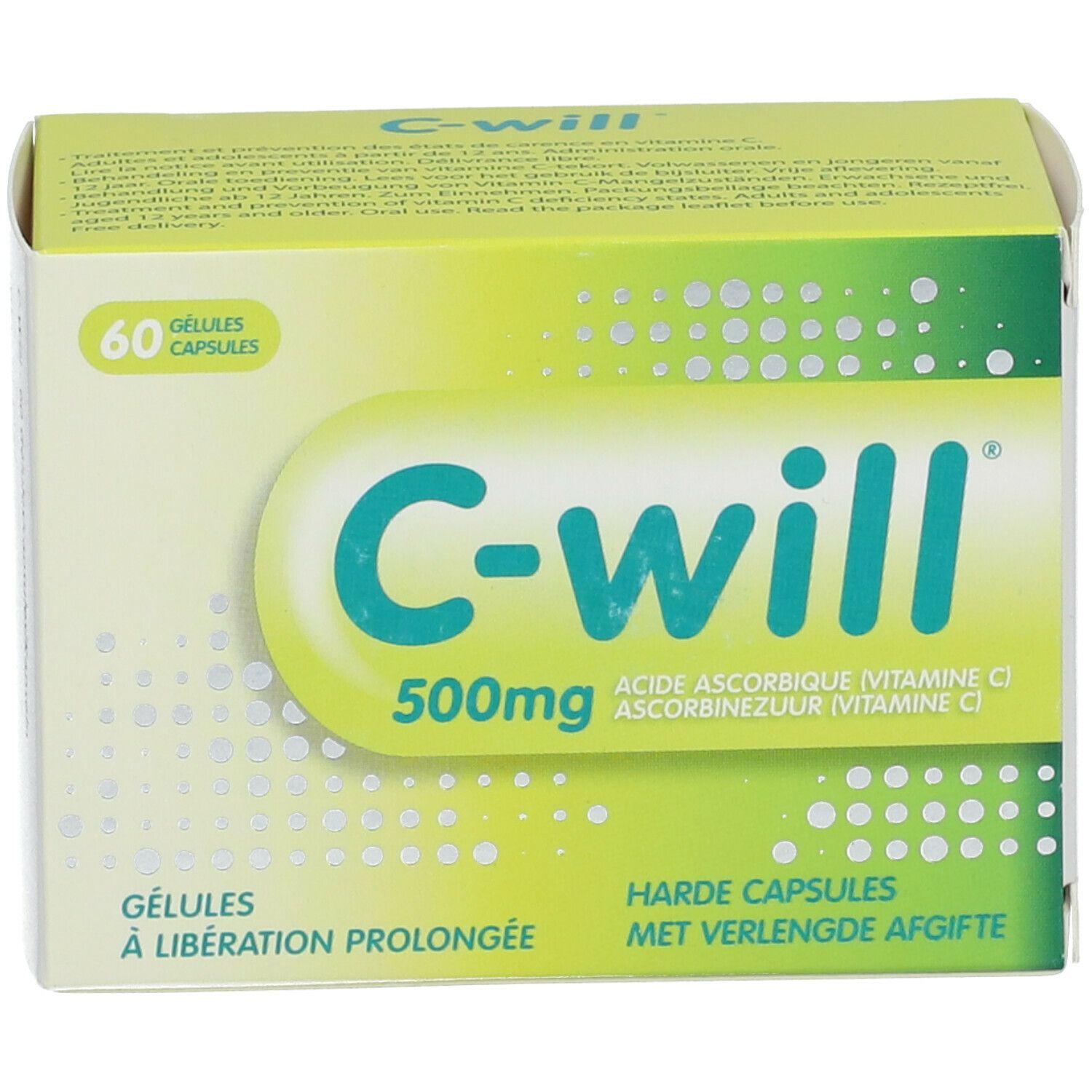 Boîte de C-Will 500mg. 60 gélules. Emballage jaune et vert avec nom et informations.