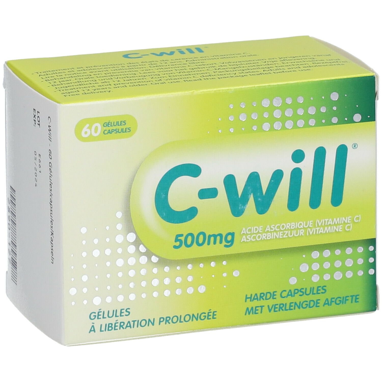 Boîte de C-Will 500mg. 60 gélules. Emballage jaune et vert avec nom et informations.