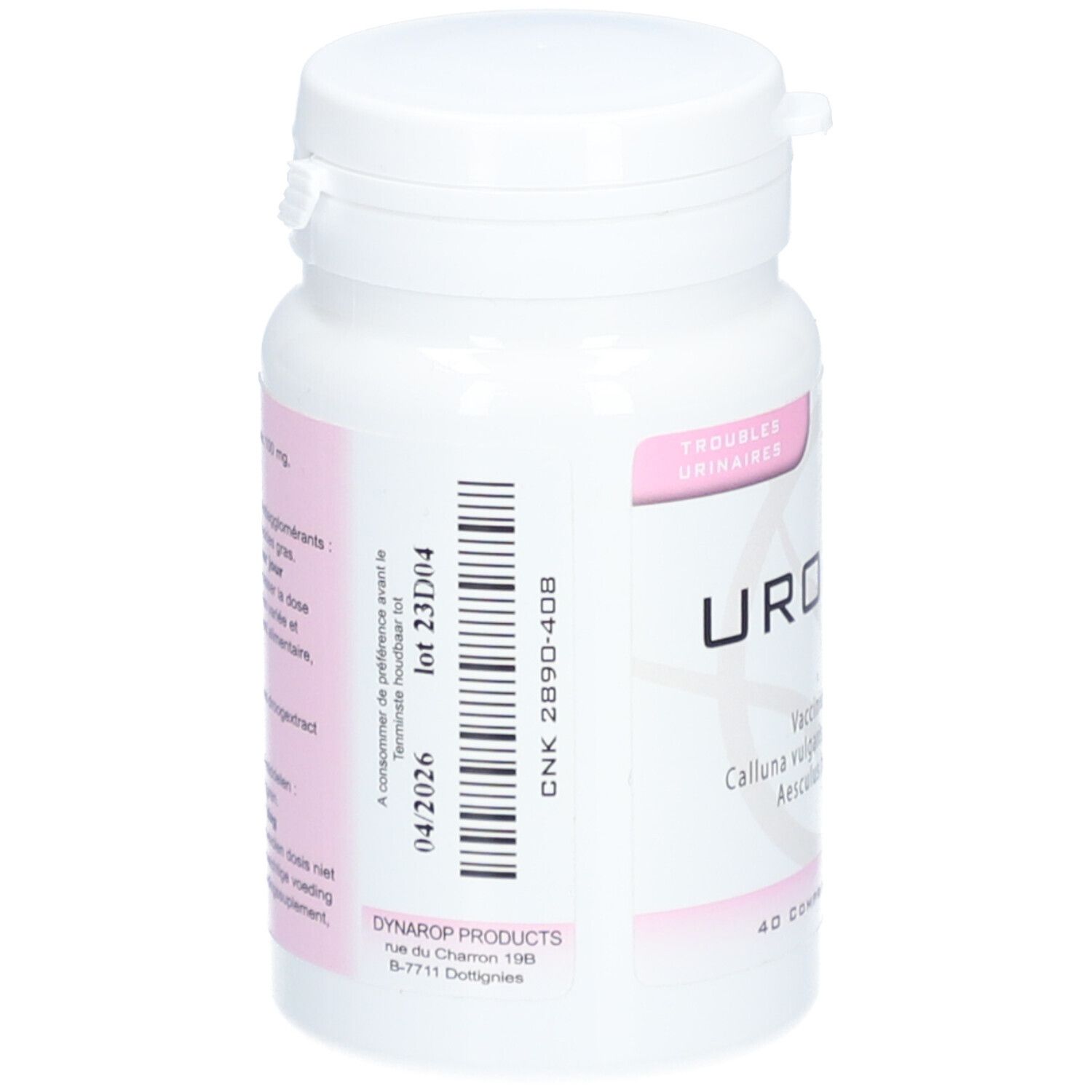 Flacon blanc de comprimés UROFLAM. Code-barres et numéro de lot.