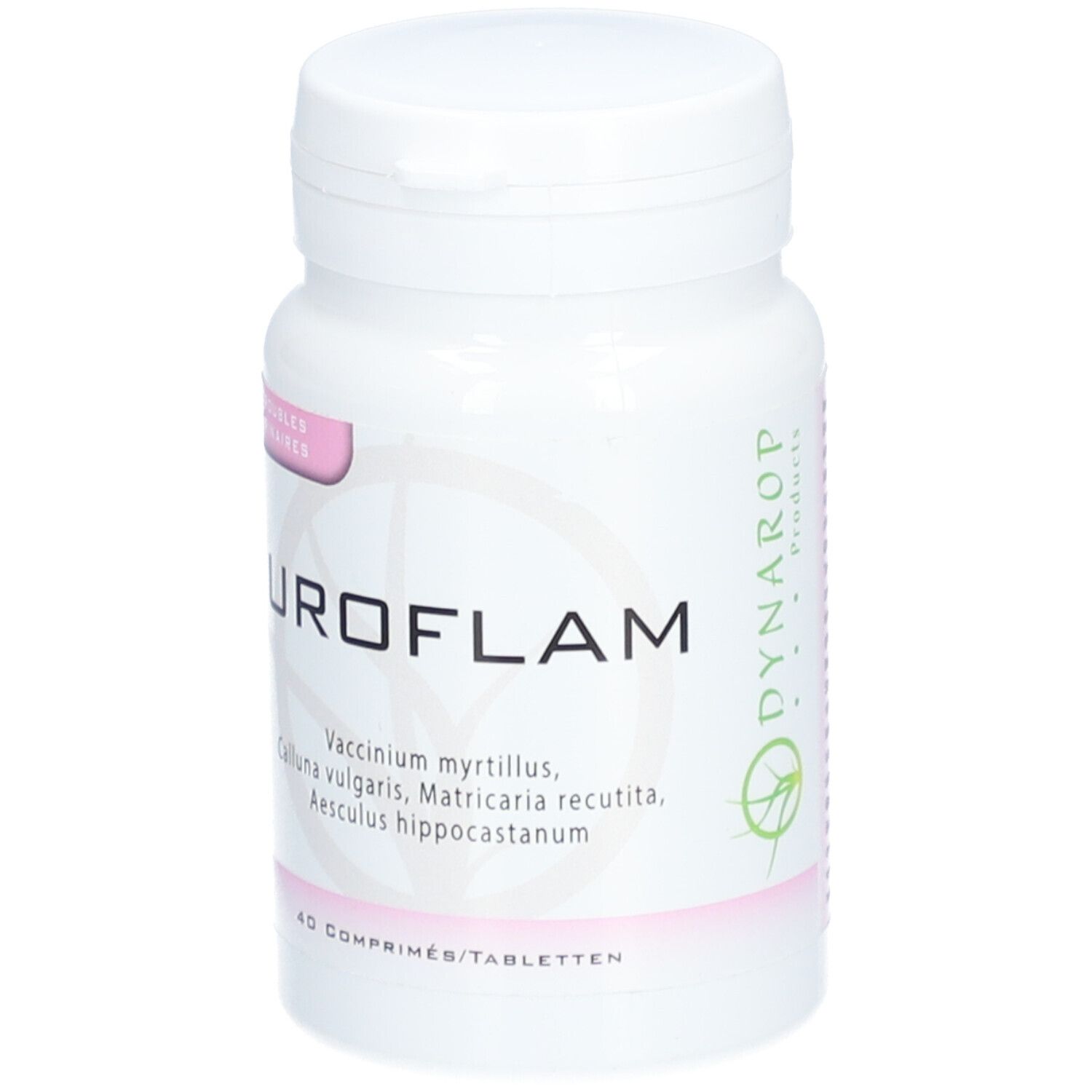 Flacon blanc UROFLAM. Logo Dynarop Products. 40 comprimés.