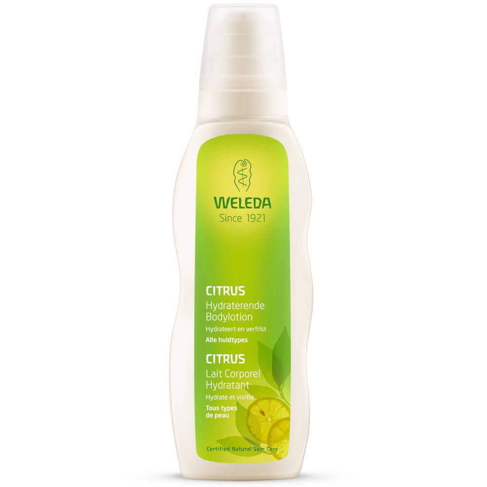 Weleda Lait Corporel au Citrus. Bouteille blanche avec étiquette verte. Texte: Citrus, Bodylotion, Lait Corporel. Avec pompe.