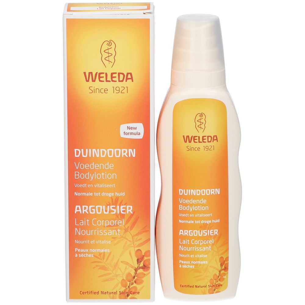 Flacon et boîte de lotion corporelle Weleda. Inscriptions : Duindoorn, Argousier. Logo et texte visibles.