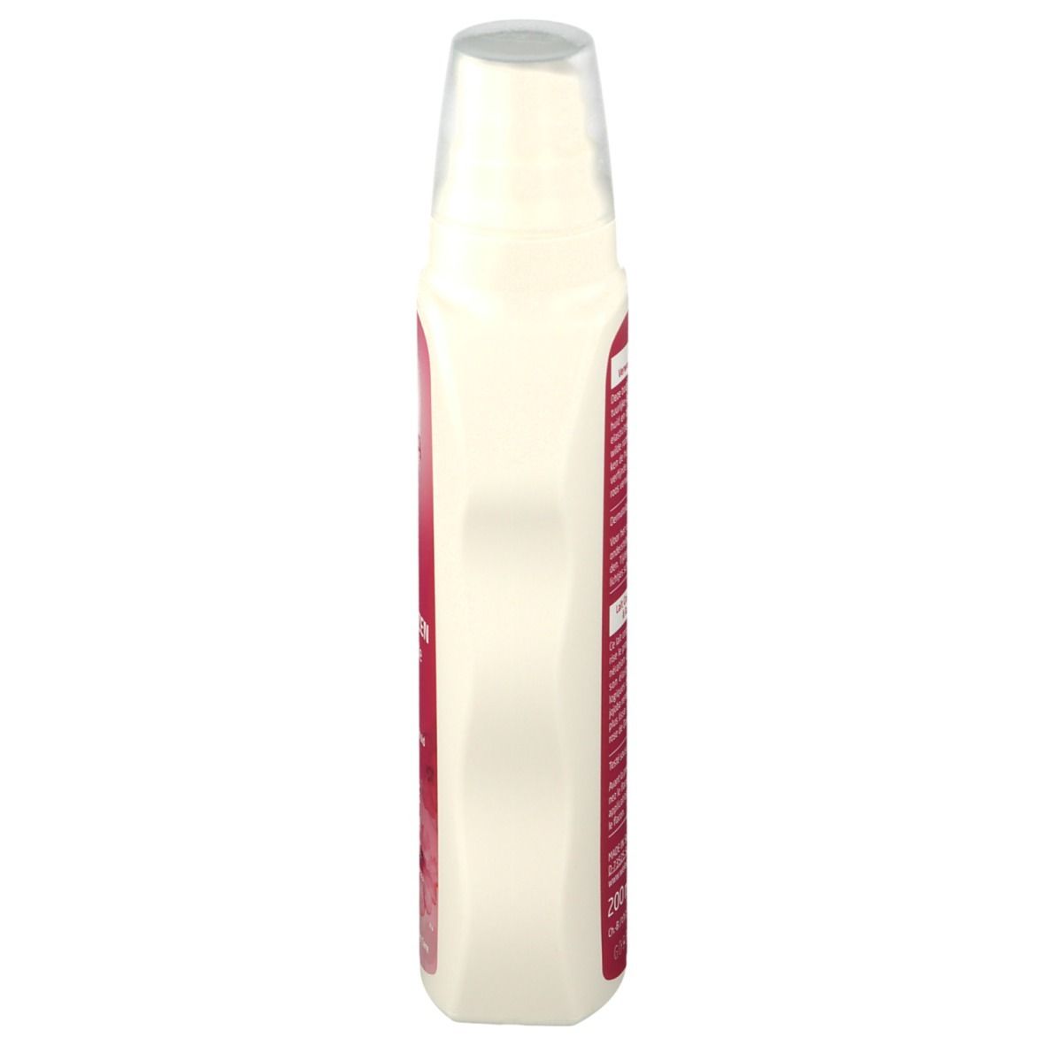 Flacon de lotion corporelle Weleda. Vue latérale. Récipient blanc avec étiquette rose. Tête de pulvérisation transparente.