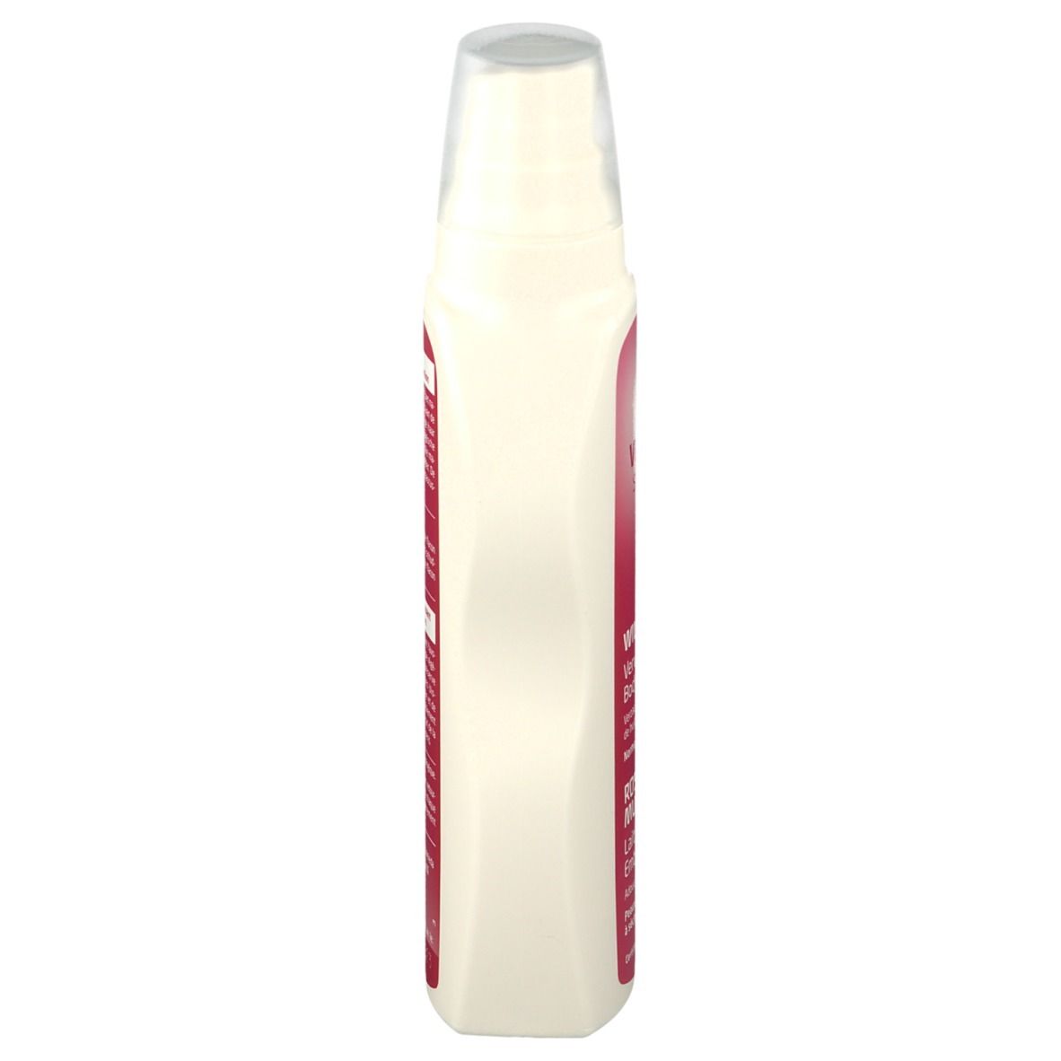 Flacon de lotion corporelle Weleda. Vue latérale. Récipient blanc avec étiquette rose. Tête de pulvérisation transparente.