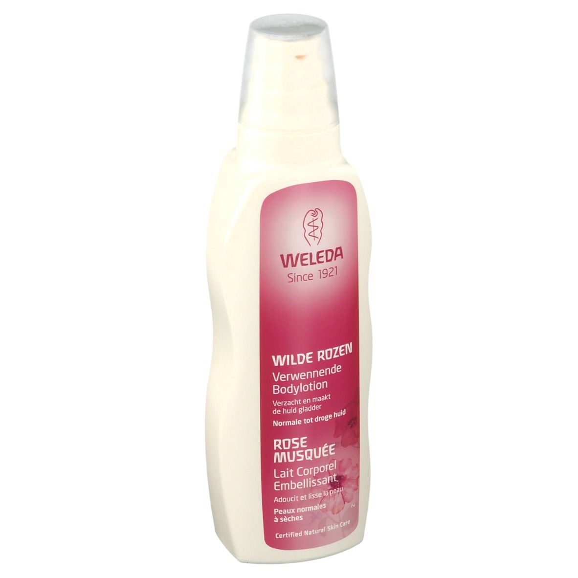 Flacon de lotion corporelle Weleda. Récipient blanc avec étiquette rose. Texte: Wilde Rozen, Rose Musquée. Tête de pulvérisation transparente.