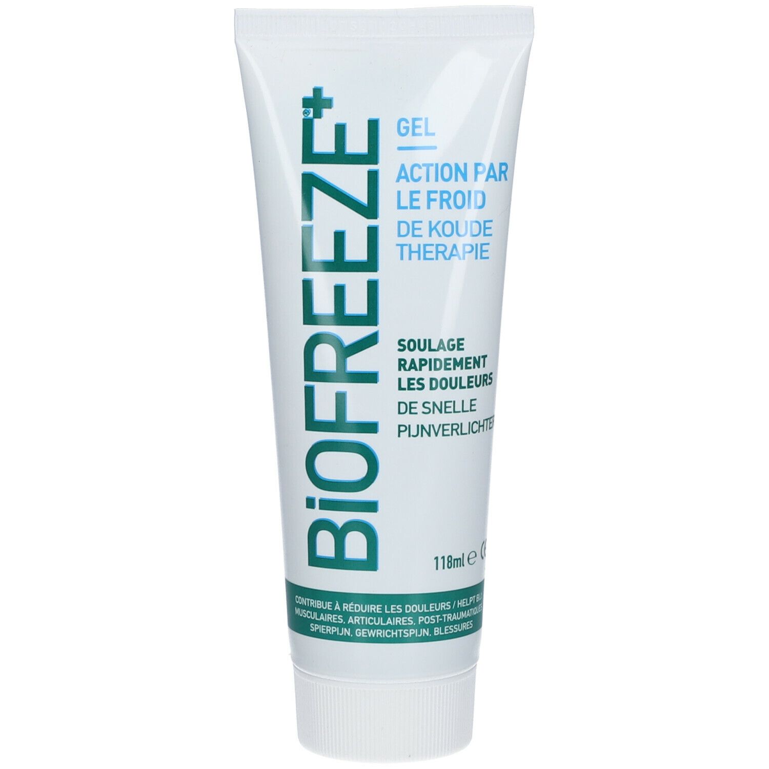 Tube blanc et turquoise BIOFREEZE+. Texte: Gel, Action par le froid, Soulage rapidement les douleurs. Contenance 118ml.