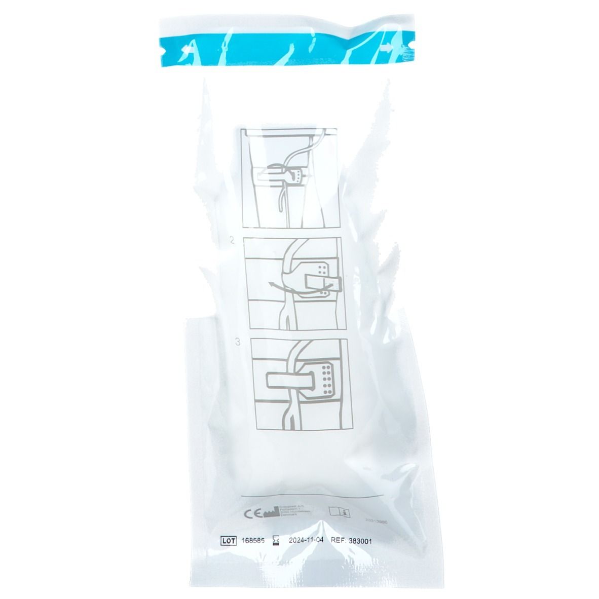 Emballage d'attache de maintien pour cathéter. Illustrations d'utilisation. Marque Coloplast. Réf. 383001.