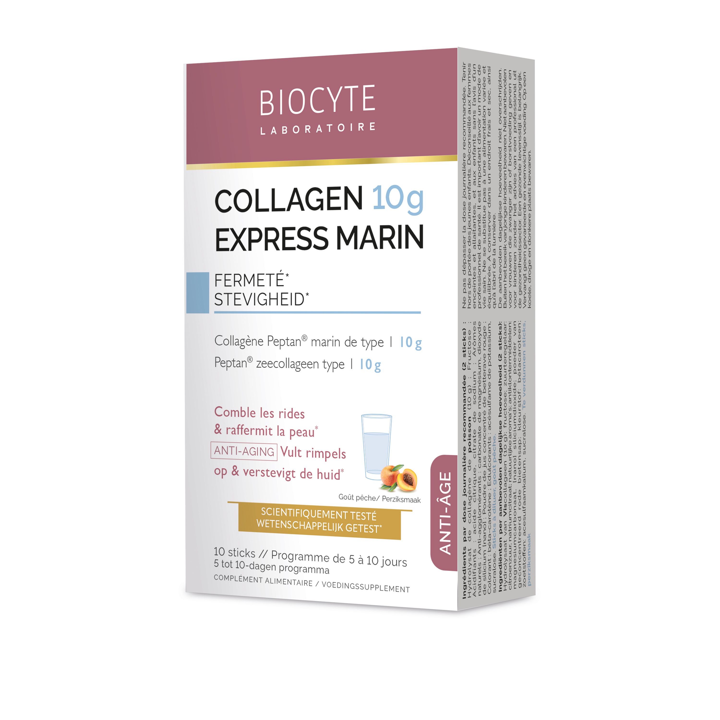 Verpakking Biocyte Collagen Express Marin. Opschrift '10g'. Tekst 'Anti-Age'.