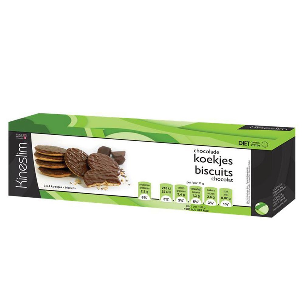 Boîte de biscuits au chocolat Kineslim. Inscription : chocolat, biscuits, régime. Biscuits visibles.