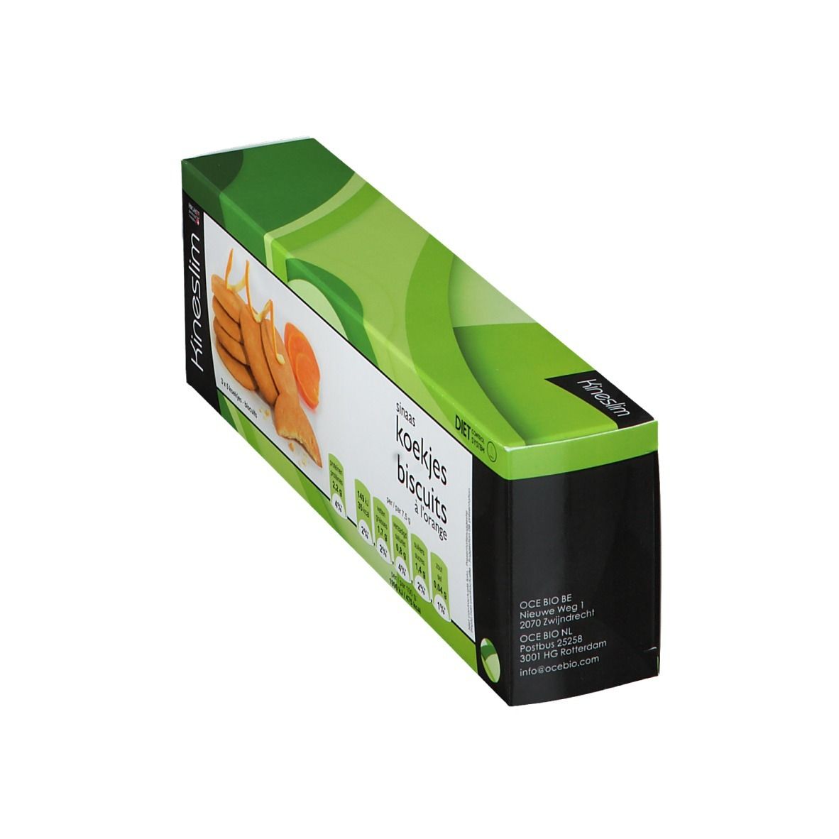 Boîte Kineslim en biais. Inscription : sinaas koekjes biscuits à l'orange. Emballage vert et blanc avec illustration du produit.