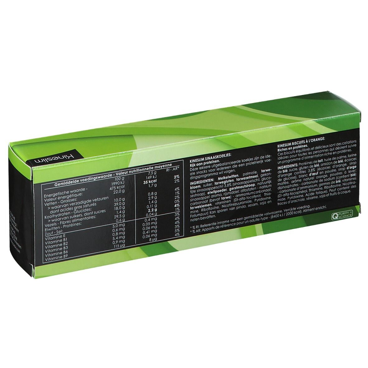 Dos de la boîte Kineslim. Texte avec informations nutritionnelles et liste des ingrédients. Emballage vert et blanc.