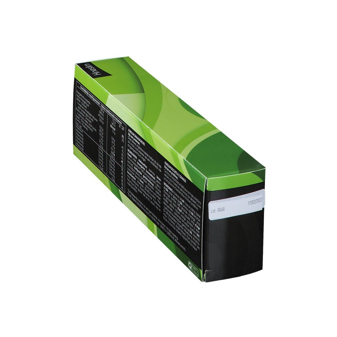 Boîte Kineslim en biais. Dos avec texte. Emballage vert et blanc.