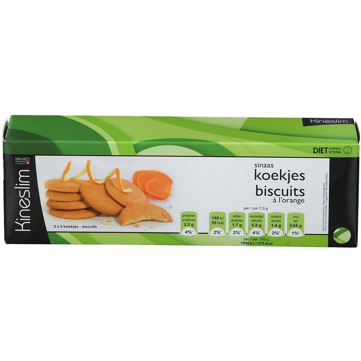 Boîte de biscuits Kineslim. Inscription : sinaas koekjes biscuits à l'orange. Illustration de biscuits et tranches d'orange.