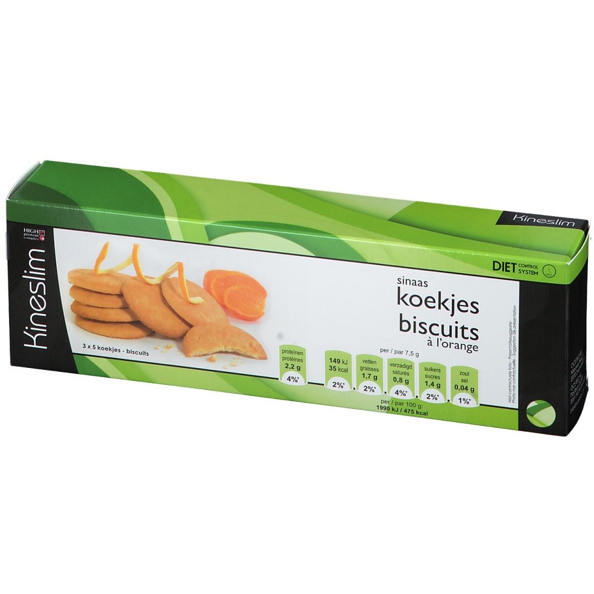 Boîte de biscuits Kineslim. Inscription : sinaas koekjes biscuits à l'orange. Illustration de biscuits et tranches d'orange.