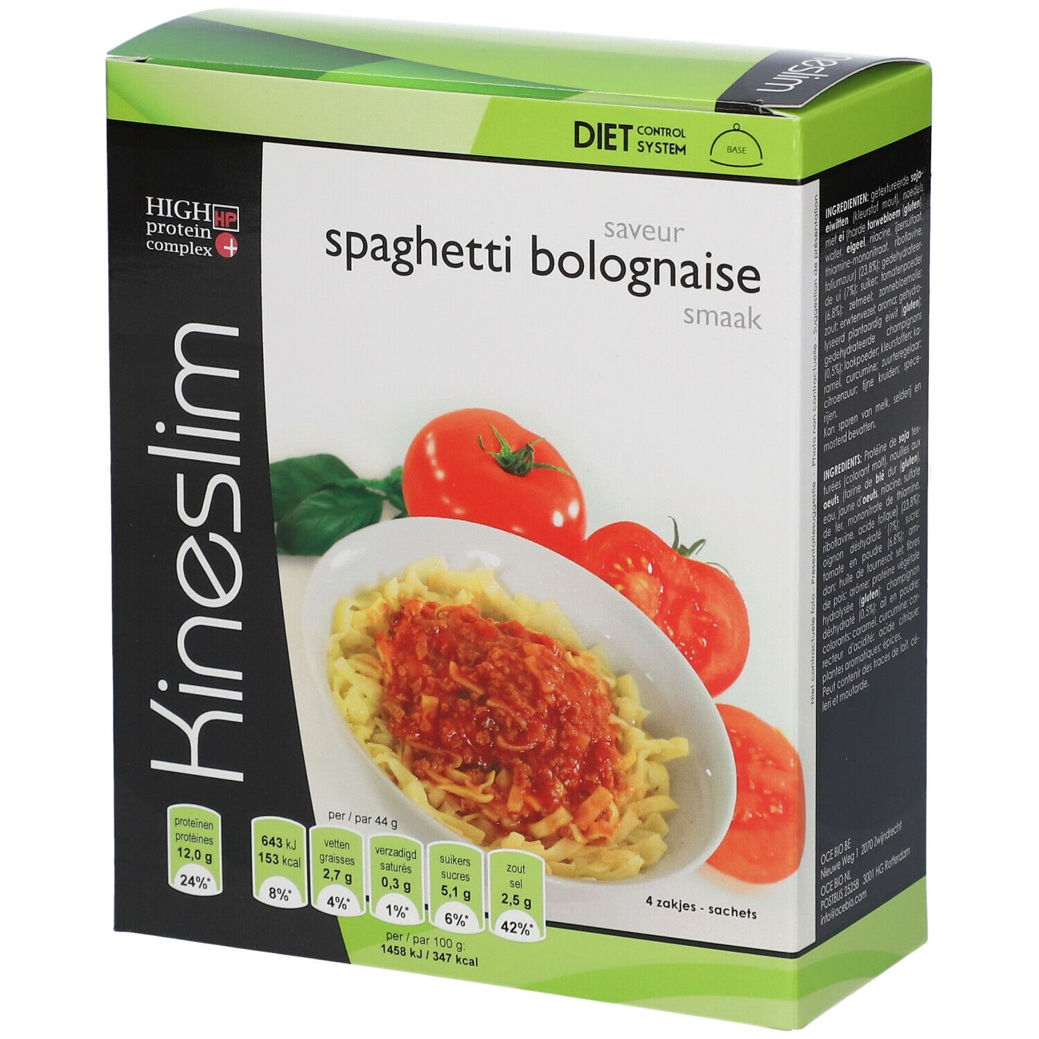 Boîte de Kineslim Spaghetti Bolognaise. Illustration de spaghettis, tomates et informations nutritionnelles.