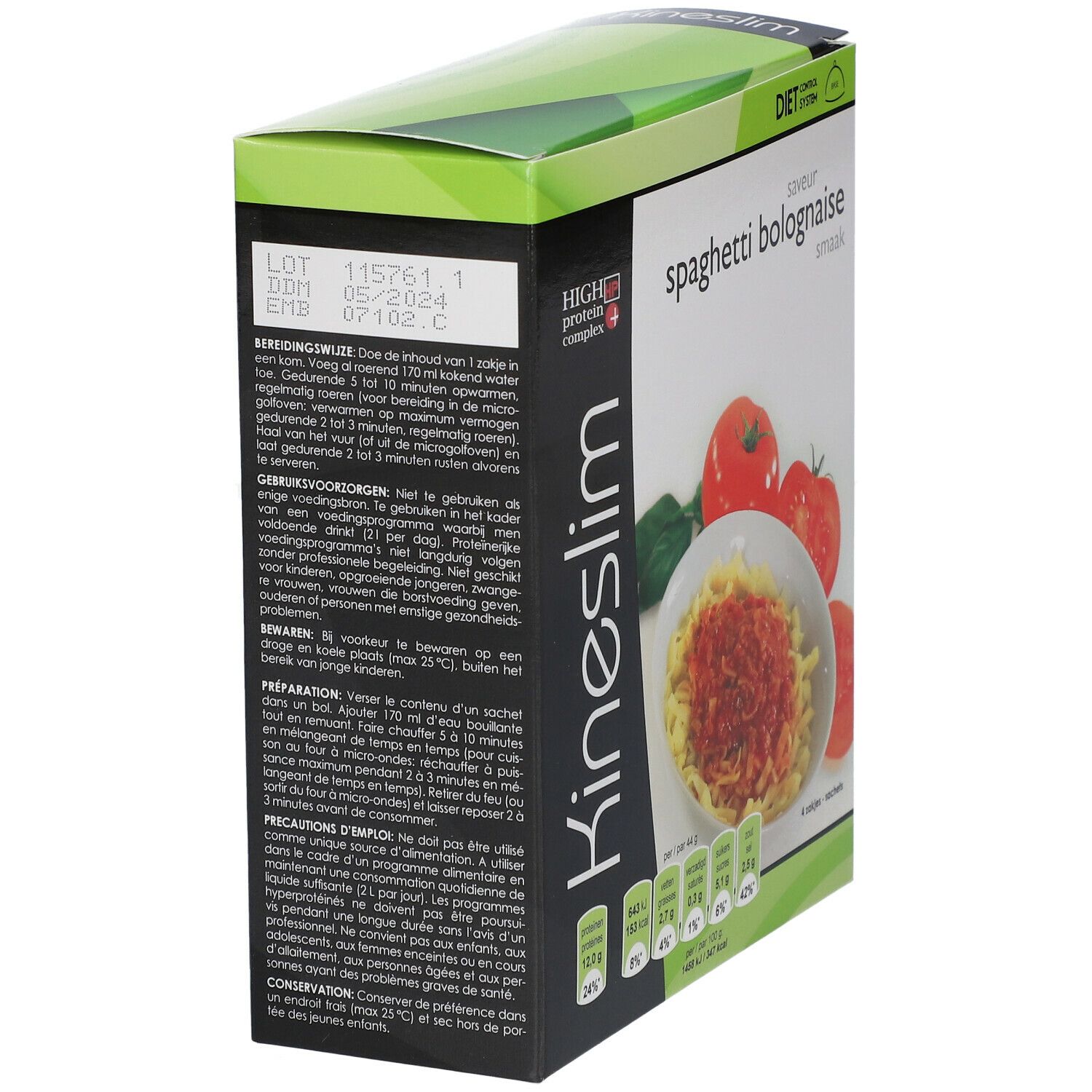 Vue en biais de l'emballage Kineslim Spaghetti Bolognaise. Texte et informations nutritionnelles visibles.