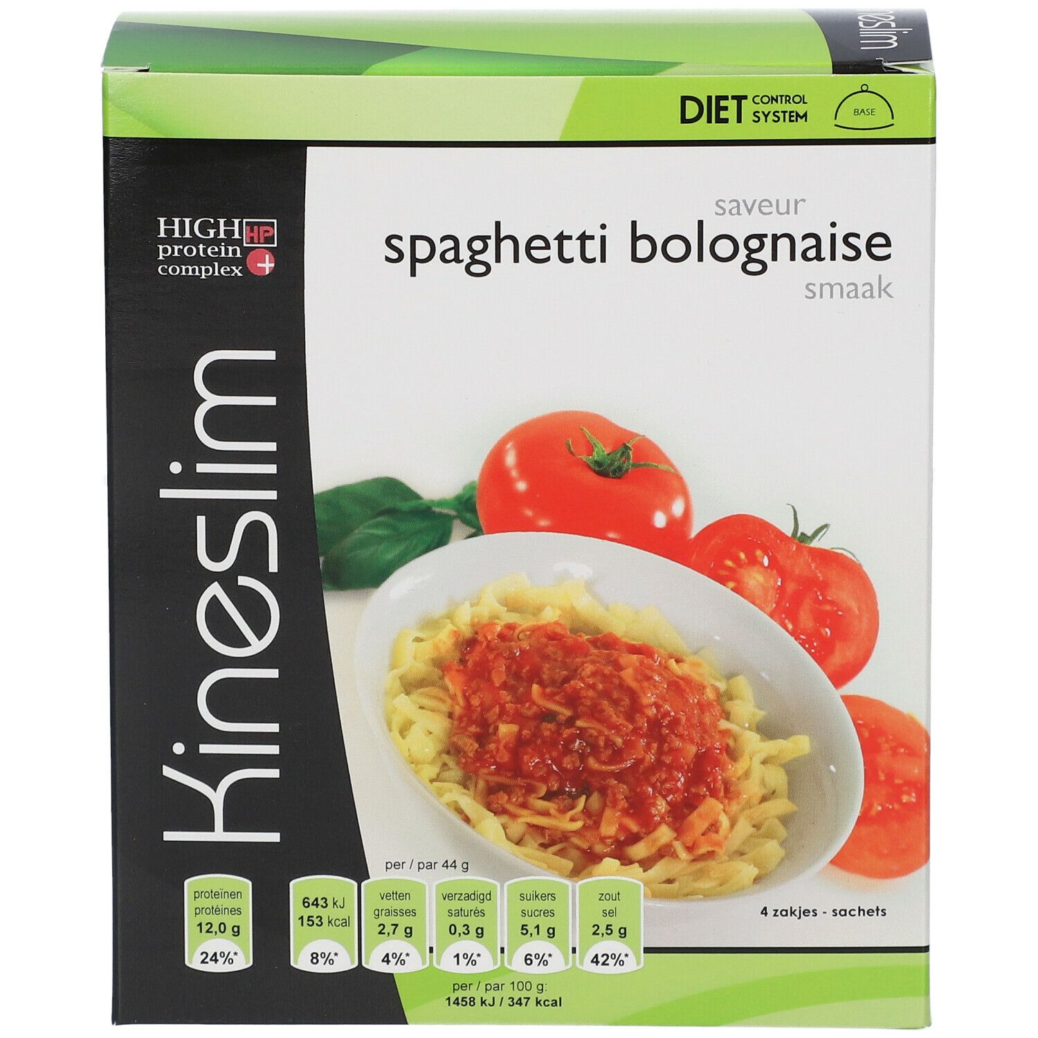 Emballage Kineslim Spaghetti Bolognaise. Illustration de spaghettis, tomates et informations nutritionnelles.