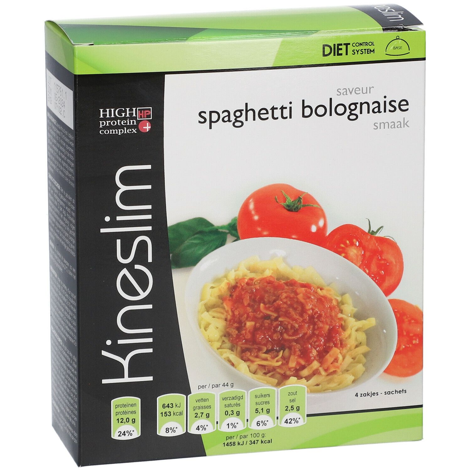 Emballage Kineslim Spaghetti Bolognaise. Illustration de spaghettis, tomates et informations nutritionnelles.
