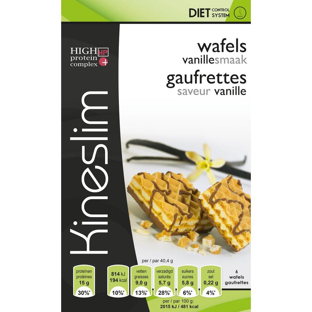Emballage de Kineslim Gaufrettes À La Vanille. Contient des gaufrettes saveur vanille. Informations nutritionnelles imprimées.