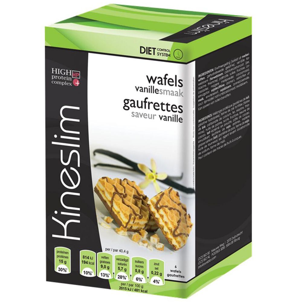 Boîte de Kineslim Gaufrettes À La Vanille. Inscriptions avec informations nutritionnelles et nom du produit.