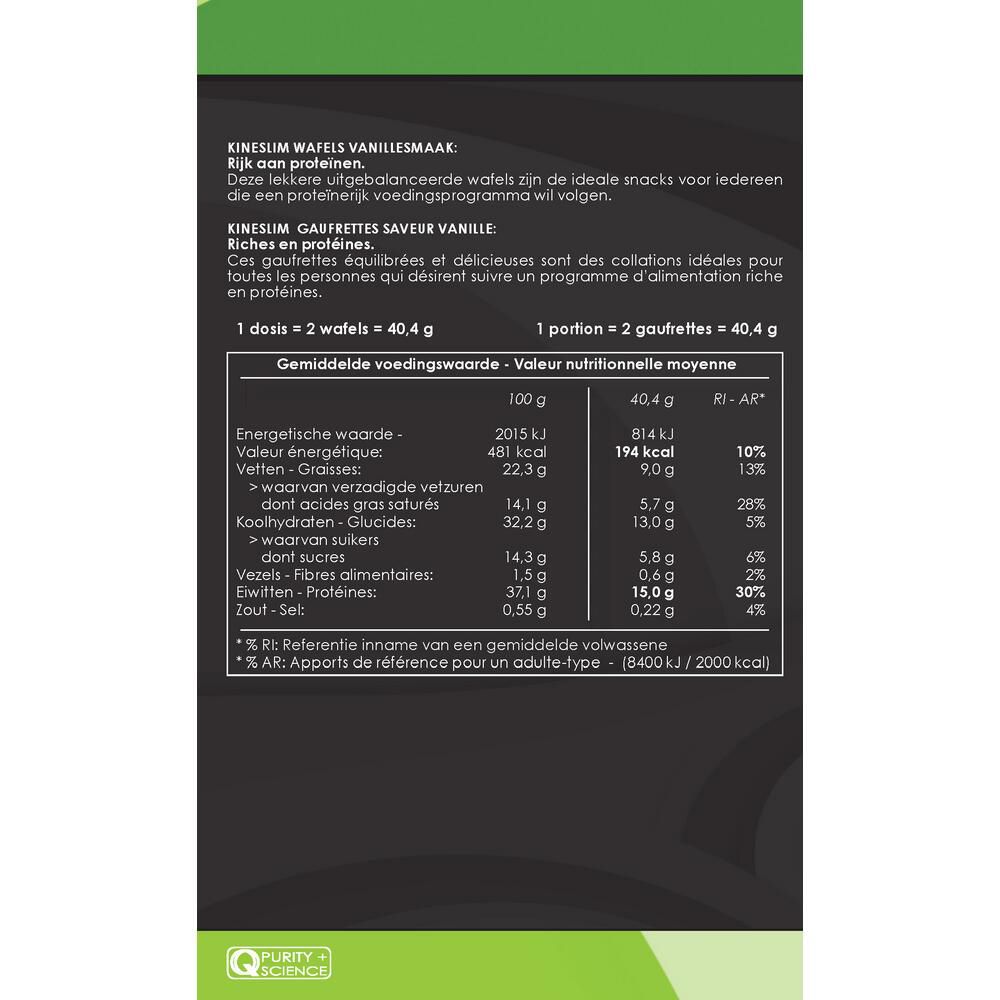 Dos de l'emballage Kineslim Gaufrettes À La Vanille. Texte avec informations nutritionnelles et ingrédients.