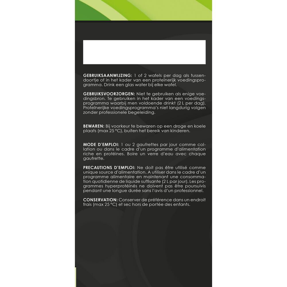 Détail du dos de l'emballage Kineslim Gaufrettes À La Vanille. Texte avec mode d'emploi.
