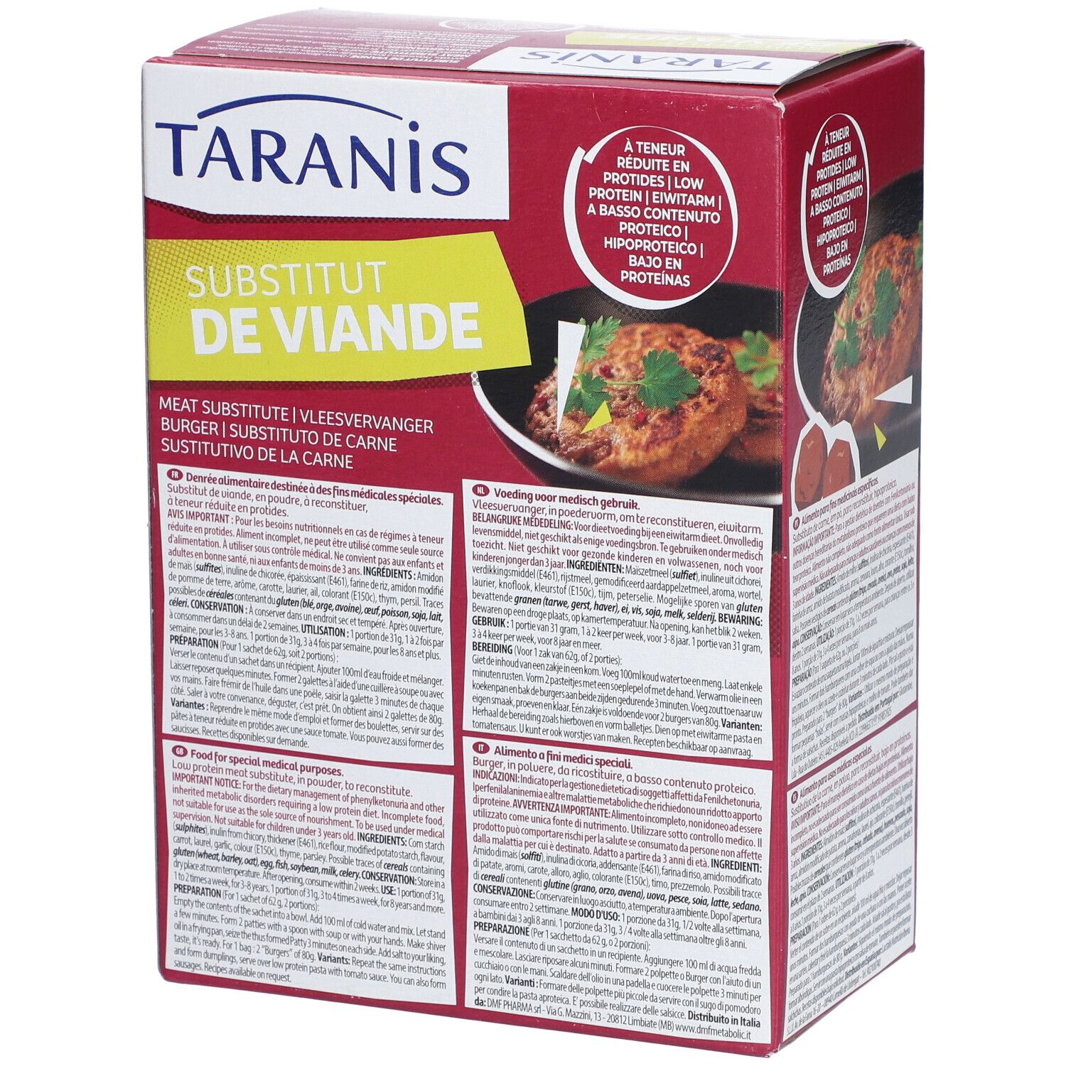 Taranis vleesvervanger doos, zijaanzicht met tekst. Tekst: 'Substitut de Viande'. Rode doos met productafbeelding en tekst.