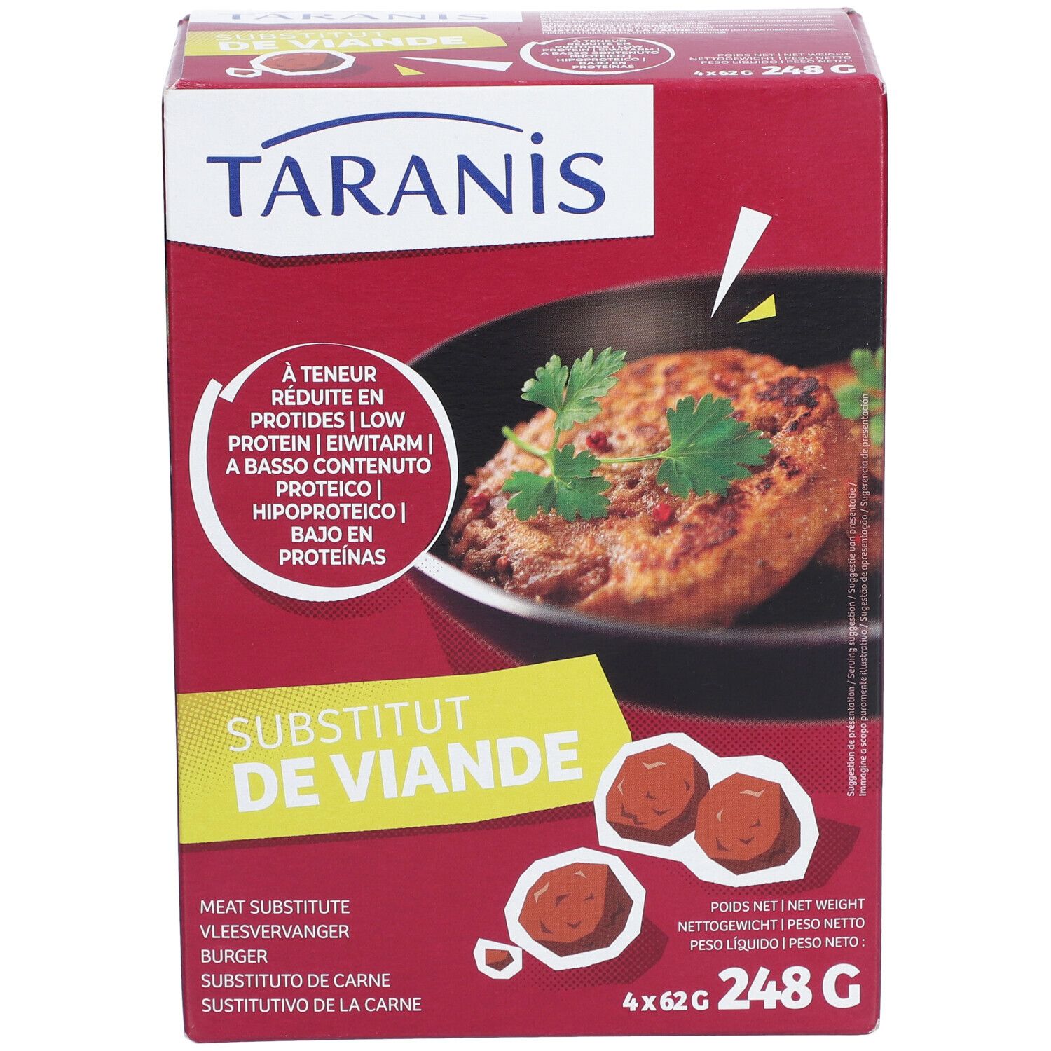 Taranis vleesvervanger doos. Burger afbeelding, tekst 'Substitut de Viande'. Rode doos met productafbeelding en tekst.