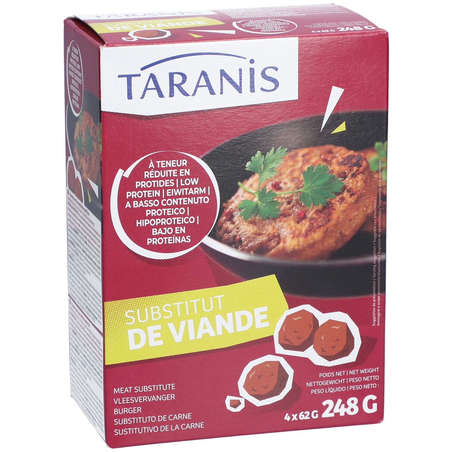 Taranis vleesvervanger doos. Burger afbeelding, tekst 'Substitut de Viande'. Rode doos met productafbeelding en tekst.