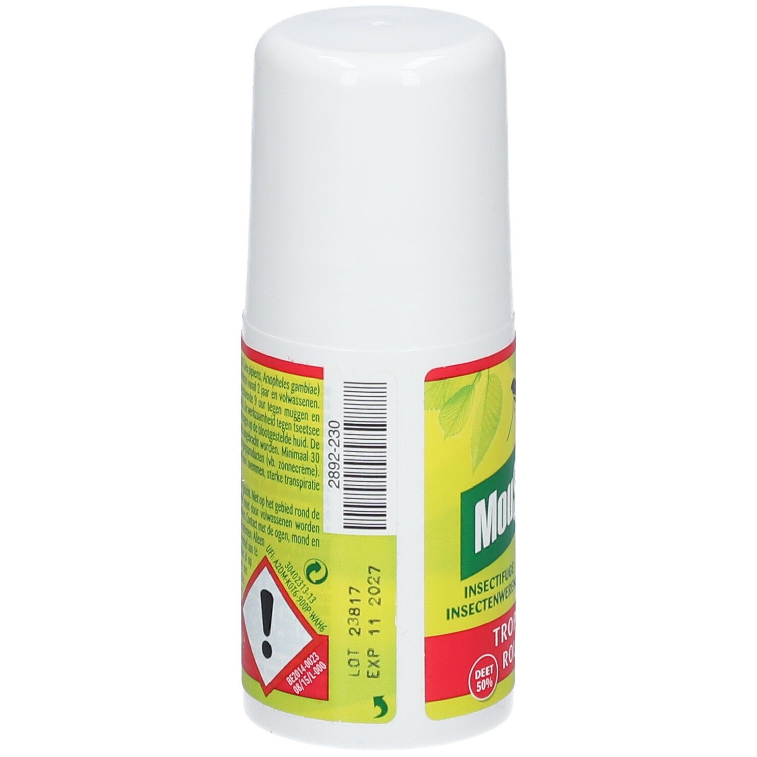 Dos du roll-on. Étiquette jaune et rouge avec texte et code-barres. Symbole de danger.