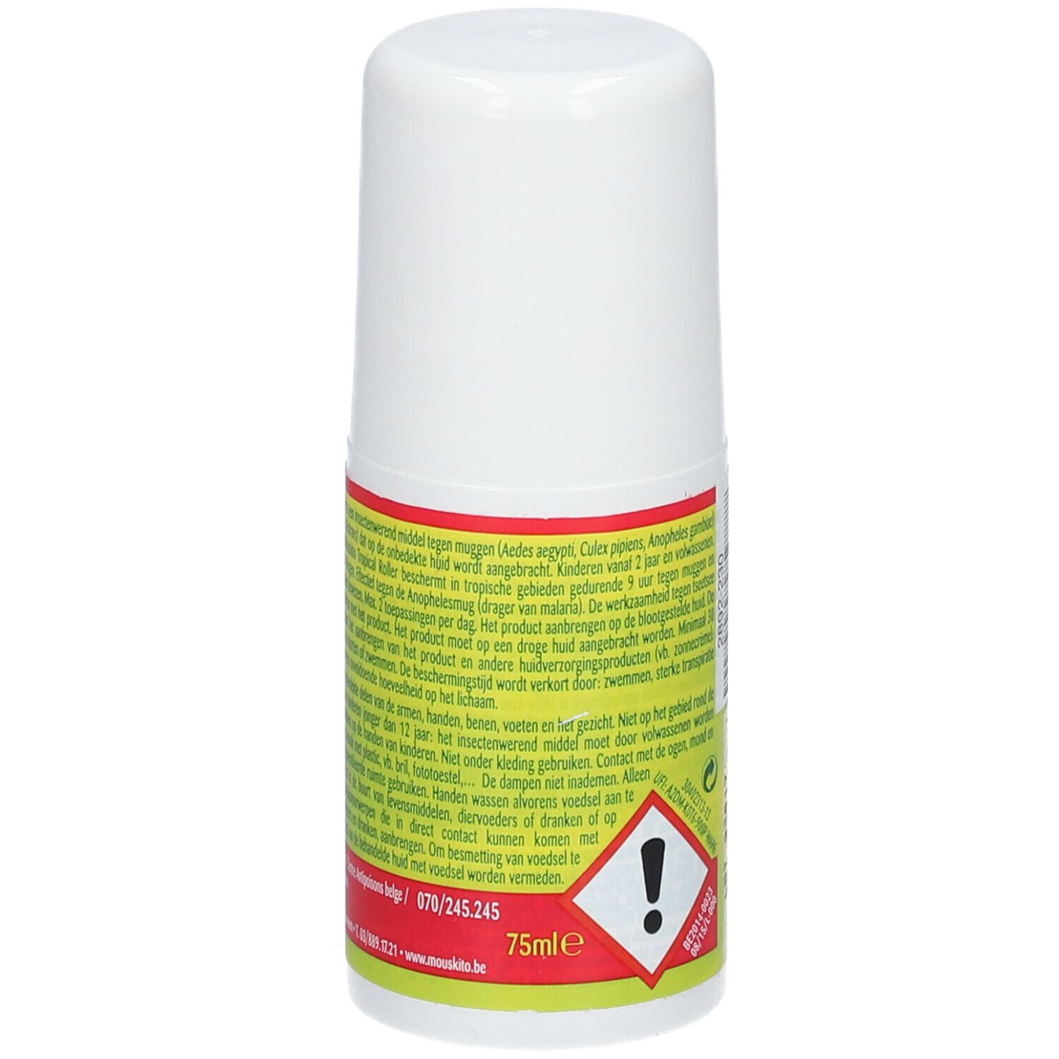 Dos du roll-on. Étiquette jaune et rouge avec texte et symbole de danger. Volume: 75ml.