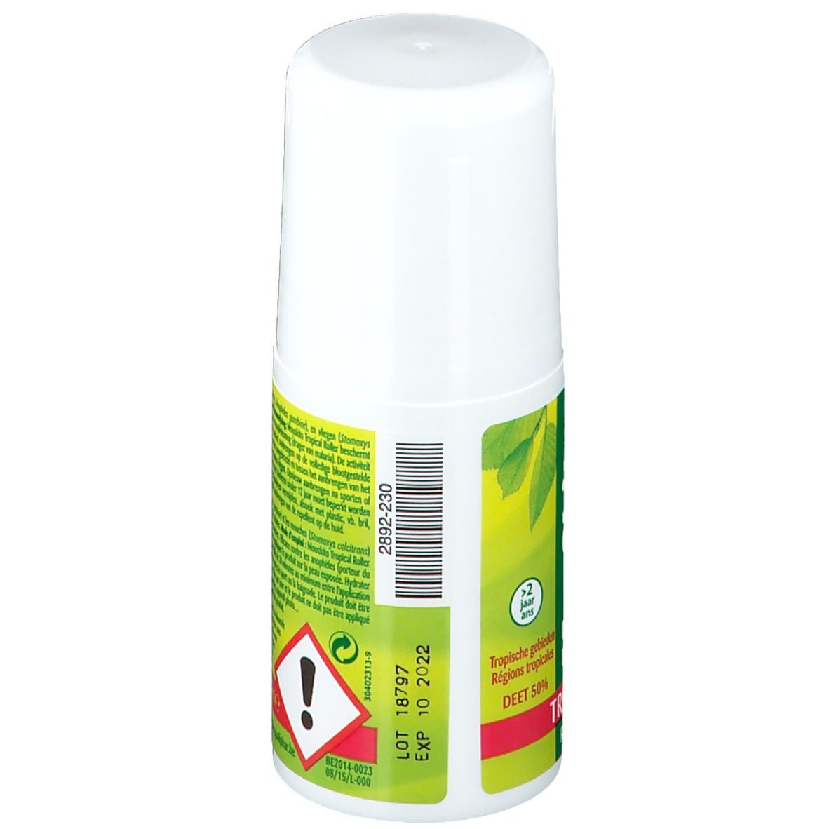 Dos du roll-on. Étiquette jaune et rouge avec texte et symbole de danger. Expiration 10.2022.