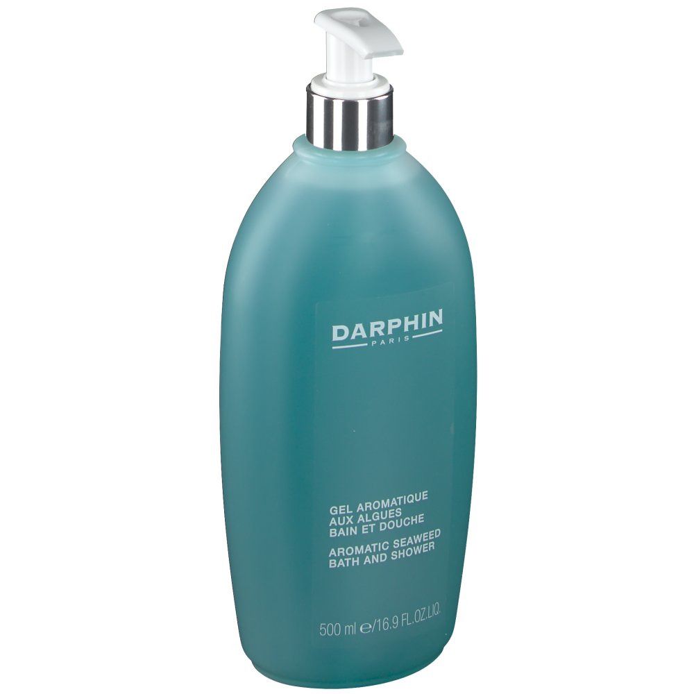 Flacon turquoise avec pompe. Logo Darphin et nom du produit. Texte : Gel Aromatique aux Algues Bain et Douche.