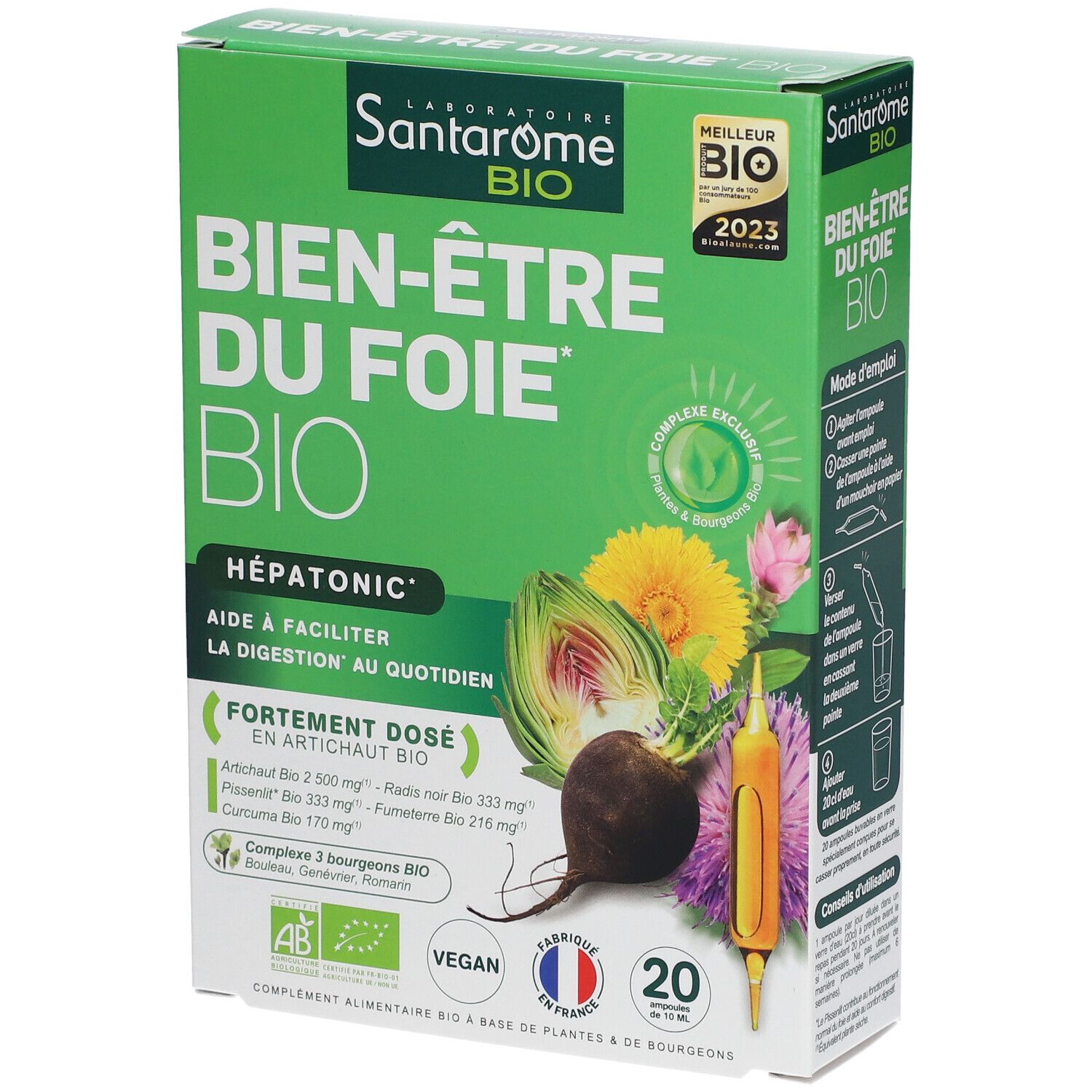 Groene doos Santarome Bio Bien-être du Foie Bio. Bevat 20 ampullen. Illustraties van groenten. AB-label, Vegan, Made in France.