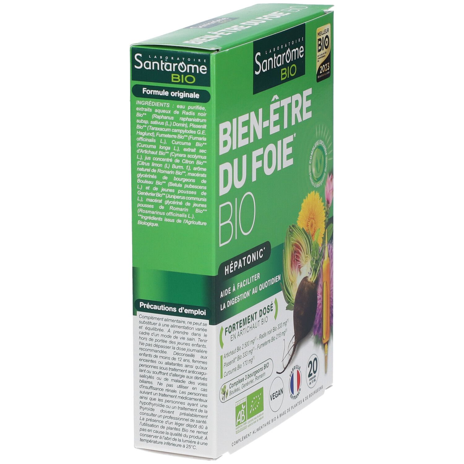 Groene doos Santarome Bio Bien-être du Foie Bio. Zijaanzicht met ingrediëntenlijst en gebruiksaanwijzing.